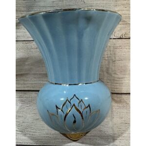 Vintage Pearl China Co Hand Decorated Lotus Blue 22 Kt Gold Wall Pocket MCM